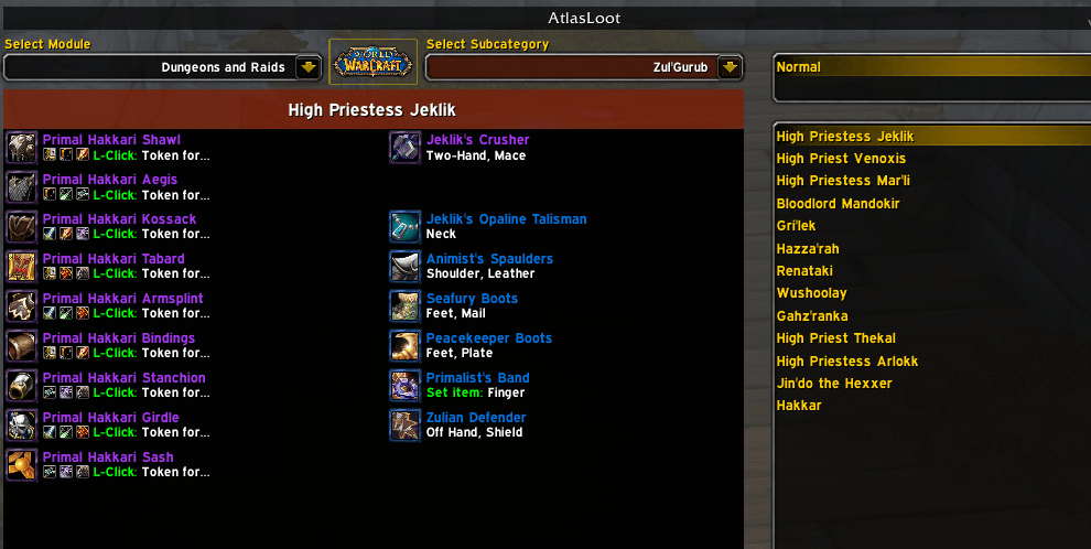 Zul'Gurub'da High Priestess Jeklik'in loot tablosu