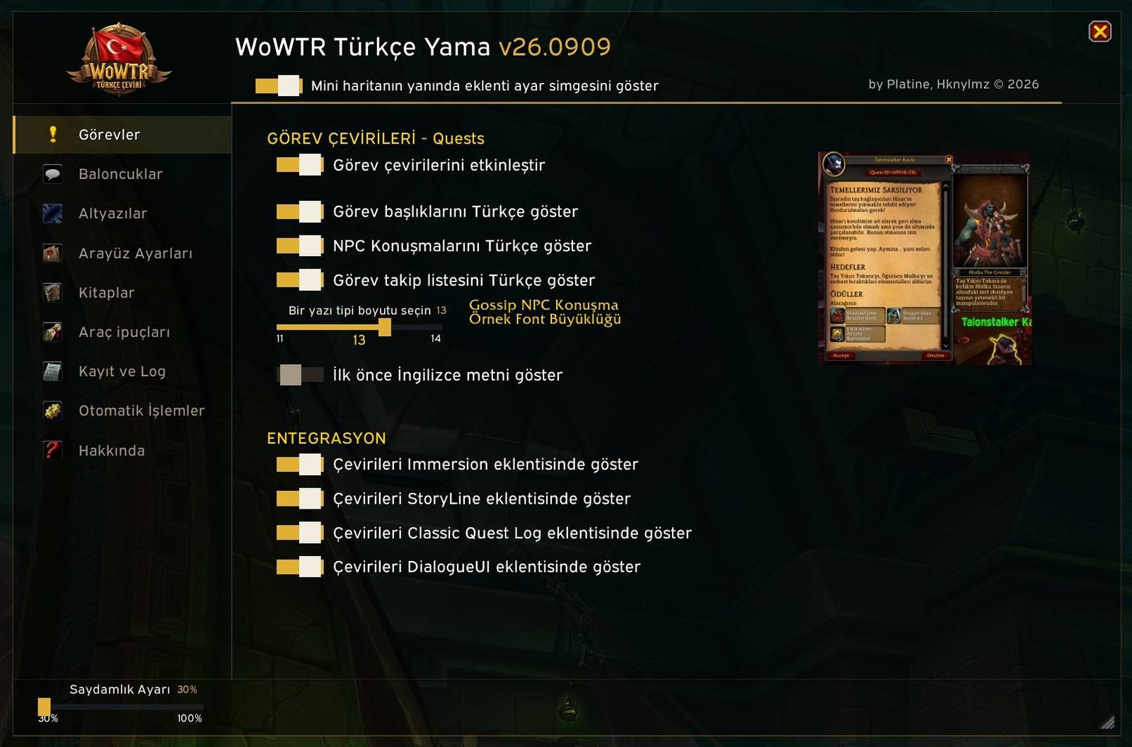 WoWTR ayar penceresi (Retail sürümünden)