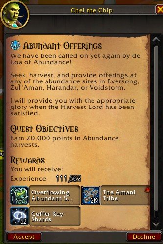 Abundant Offerings görevi: hedef 20.000 puan. Ödüller arasında çanta, 111.562 XP, Amani Tribe itibarı ve Coffer Key Shards var.