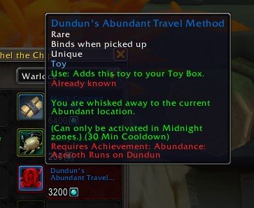 Dundun's Abundant Travel Method: seni o an aktif olan Abundance alanına ışınlıyor. Yalnızca Midnight bölgelerinde çalışıyor, 30 dakika bekleme süresi var.
