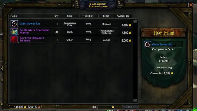 Black Market Auction House teklif ekranı