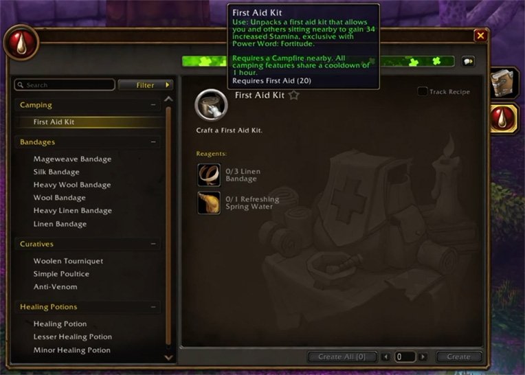 First Aid Kit — kamp buff'ı olarak 34 Stamina veriyor