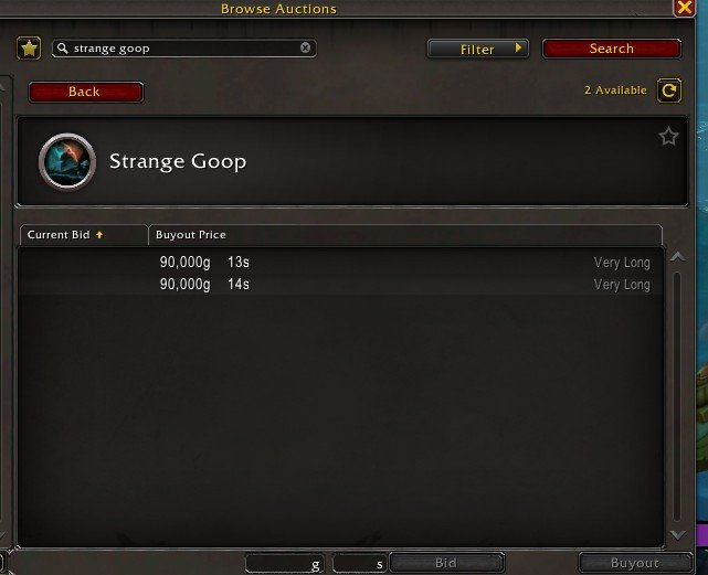 Strange Goop'un Auction House'taki satış fiyatı: 90.000 gold