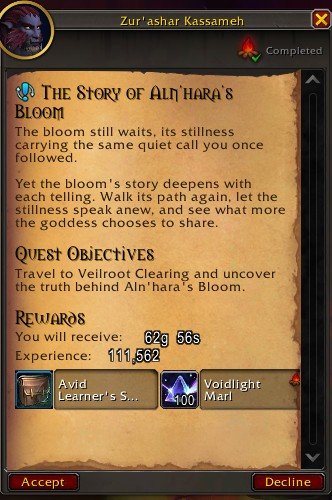 Bu relic'in görevi olan The Story of Aln'hara's Bloom'un ödül penceresi: ödül çantası ve 111.562 XP.
