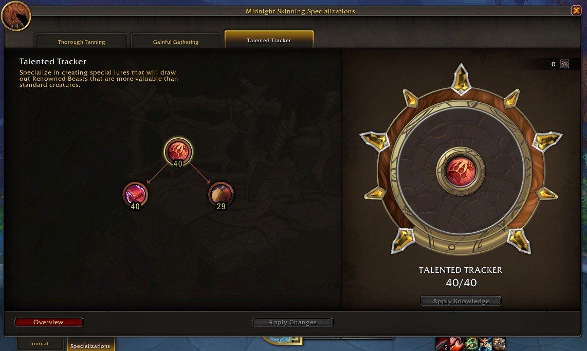 Midnight Skinning uzmanlıkları: Talented Tracker dalı 40/40 tamamlanmış.