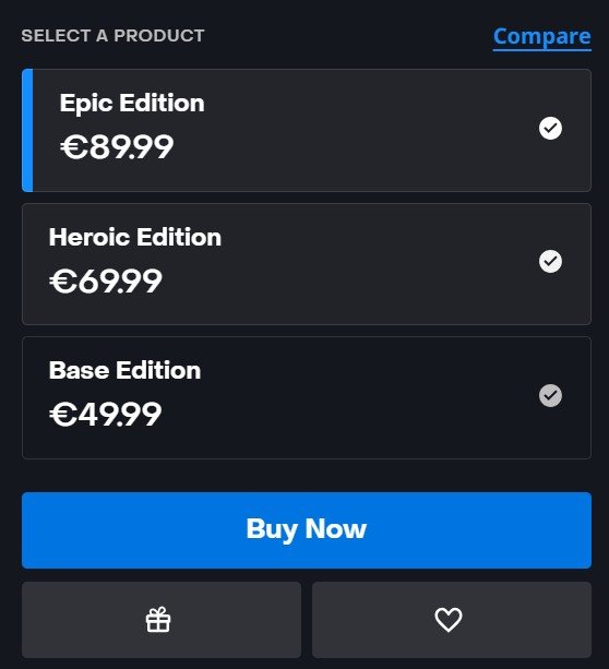 Midnight'ın üç sürümü: Base Edition €49.99, Heroic Edition €69.99, Epic Edition €89.99.