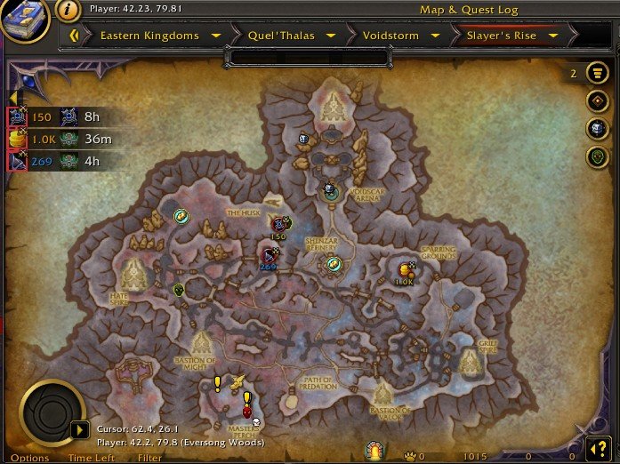 Slayer's Rise: 1.000 gold ödüllü world quest'in kalan süresi 36 dakika. Bölgedeki görevler normal world quest'lere göre daha hızlı yenileniyor.