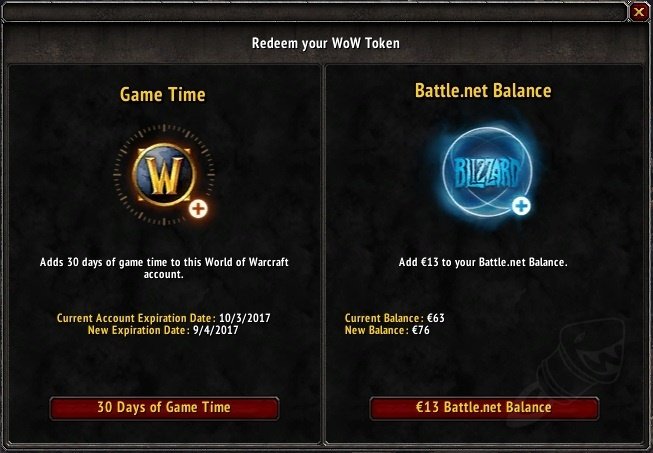 WoW Token'ı Game Time veya Battle.net bakiyesine çevirme ekranı (retail örneği)