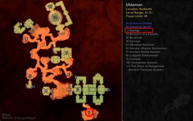 Uldaman haritası: ön ve arka girişler ile boss konumları
